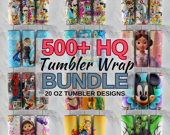 Pode incluir: Uma coleção de designs de canecas de 20 oz com vários personagens e temas de desenhos animados. A imagem inclui designs com personagens de Frozen, Homem-Aranha e Ursinho Pooh. O texto na imagem diz "500+ HQ Tumbler Wrap Bundle".
