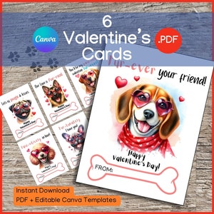 Dog valentines day card printable classroom valentine day card kids valentine day gift tag editable Canva