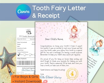 Editable Tooth Fairy Letter and Receipt Printable | Customizable Canva Template for Boys and Girls | Fun Milestone Gift for First Lost Tooth