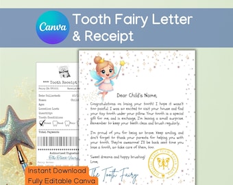 Editable Tooth Fairy Letter and Receipt Printable | Customizable Canva Template for Boys and Girls | Fun Milestone Gift for First Lost Tooth