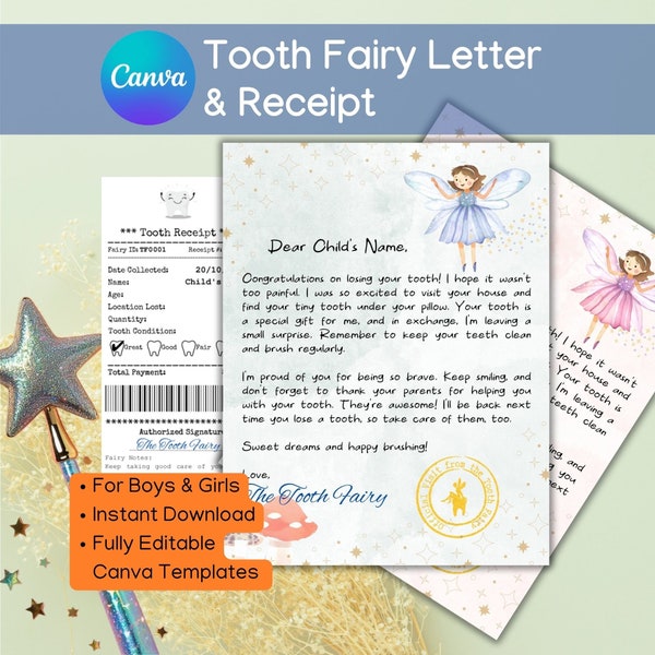 Tooth fairy letter tooth receipt for boy for girl printable tooth fairy note first tooth editable Canva template