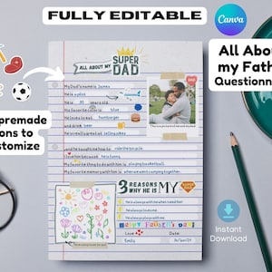 All about my dad questionnaire, fathers day keepsake gift idea for dad, personalised interview, all about daddy, Canva template