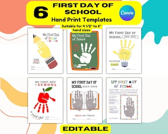 May include: Six printable first day of school handprint templates. The templates feature a variety of themes, including a pencil, a lightbulb, an apple, a book, and a school bus. Each template includes space for the child's name, date, and a handprint.