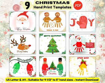 May include: Nine printable Christmas handprint templates. The templates feature a variety of Christmas themes, including Santa, reindeer, a Christmas tree, gingerbread people, a nutcracker, and a bell. The templates are suitable for hand sizes between 4 1/2 inches and 5 inches.
