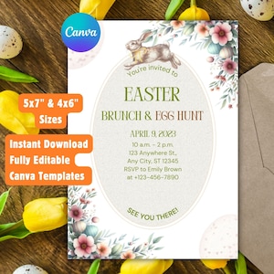 Editable Easter Brunch & Egg Hunt Invitation | Printable Easter Party and Scavenger Hunt Invite | Customizable Canva Template for Family Fun