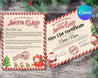 Editable Santa Letter & Nice List Certificate - Canva Template (Instant Download)