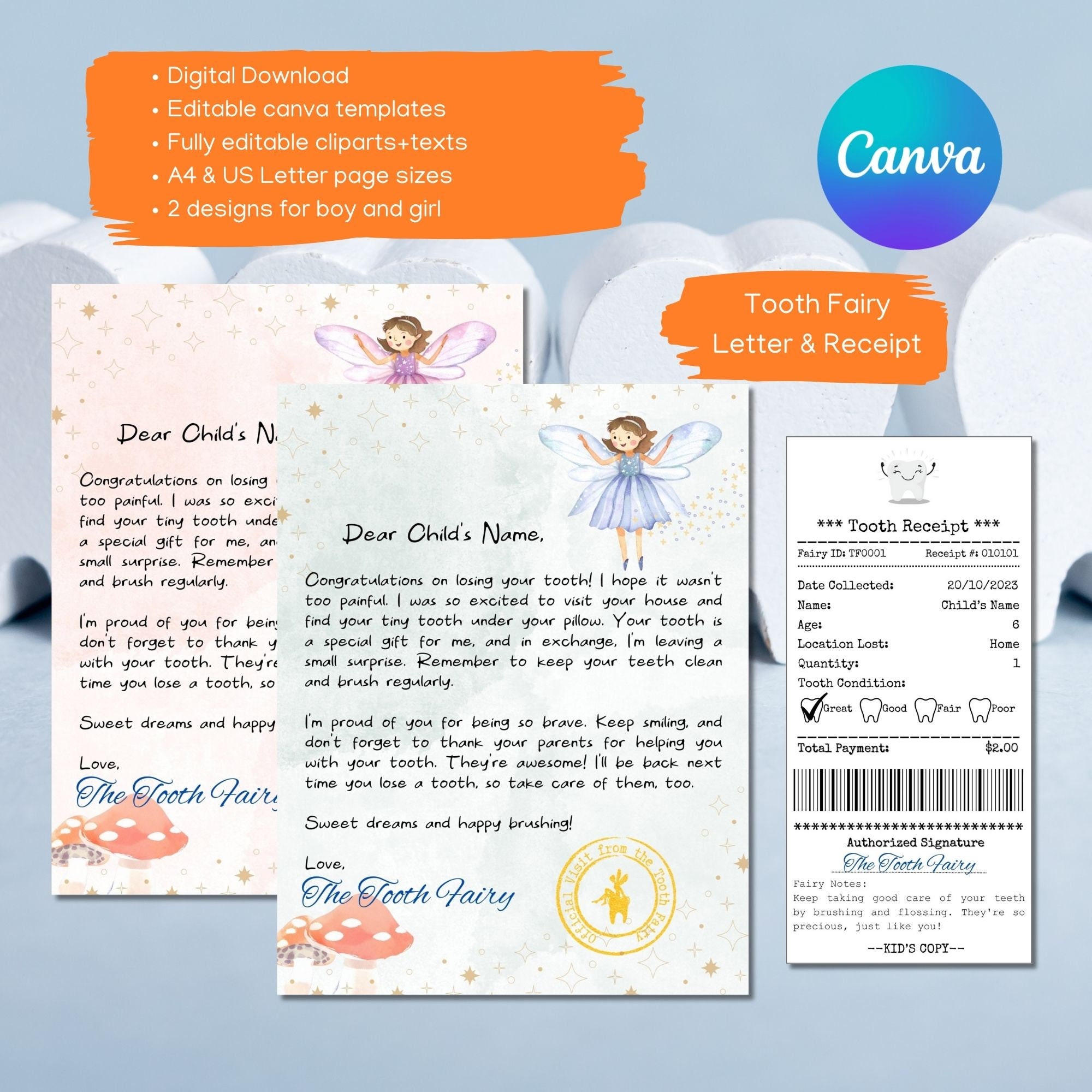 Tooth Note Paper Tooth Fairy Letter Bundle Printable Tooth Fairy Note Tooth Receipt ...