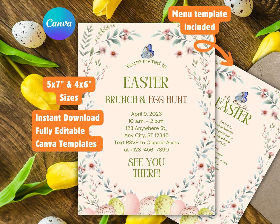 Easter Brunch and Egg Hunt Invitation, Easter Menu, Printable Easter ...