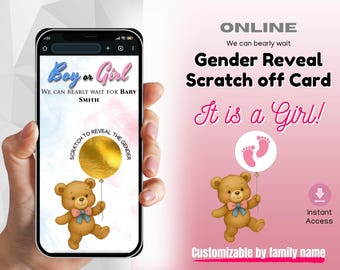 Op de afbeelding: Een gender reveal kraslot ontwerp. De kaart toont een teddybeer met een ballon met babyvoetjes. Tekst bevat "Boy or Girl", "It is a Girl!" en "Customizable by family name". De achtergrond is roze en blauw.