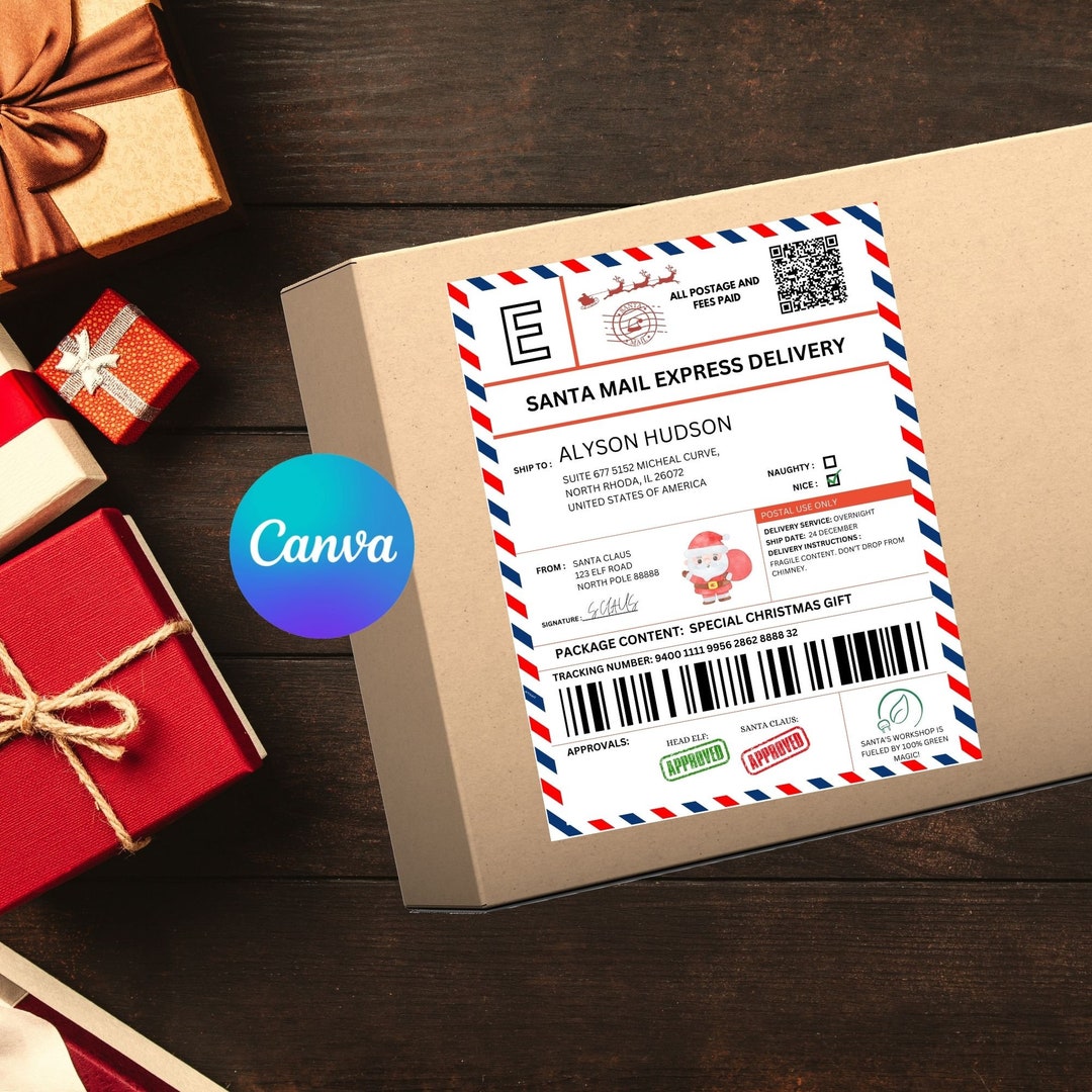 Editable Santa Mail Shipping Label for Kids, Christmas Santa Shipping ...