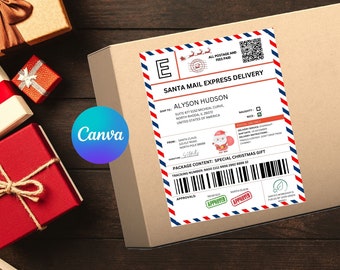 editable Santa Mail shipping label for kids, christmas Santa shipping sticker, elf mail delivery North Pole mail, Canva template 8.5x11" A4
