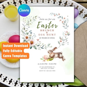 Editable Easter Brunch & Egg Hunt Invitation | Printable Easter Party and Scavenger Hunt Invite | Customizable Canva Template for Family Fun