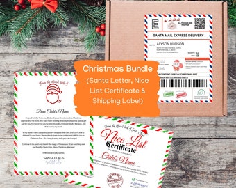 editable Santa Mail shipping label bundled with Santa letter + Nice List Certificate for kids, North Pole Mail, Canva template 8.5x11&quot; A4