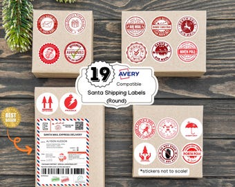 May include: A set of 19 round, red and white Christmas-themed shipping labels compatible with Avery. The labels feature various designs including Santa, reindeer, presents, and the North Pole. The labels are printed on white paper with a red border.