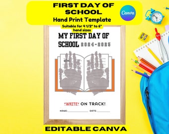 May include: A printable template for a first day of school handprint craft. The template features a book with an open page for handprints, the text "My First Day of School 2024-2025", and the words "Write on Track!" with lines for a name and date.