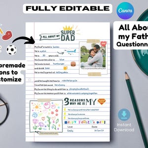 All about my dad questionnaire, fathers day keepsake gift idea for dad, personalised interview, all about daddy, Canva template