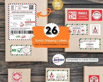 Santa Shipping Labels, North Pole Mail Label, Christmas Gift Stickers, Elf Mail Delivery, Reindeer Mail, Santa's Workshop Tag, Nice List