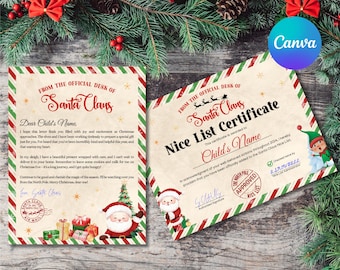 Editable letter from Santa Claus | Printable Nice list certificate | From the desk of Santa Bundle | instant download | Canva template
