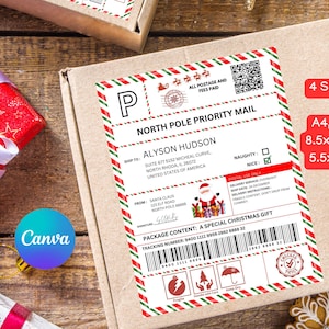 editable Santa Mail shipping label for kids, christmas Santa shipping sticker, elf mail delivery North Pole mail, Canva template 8.5x11&quot; A4