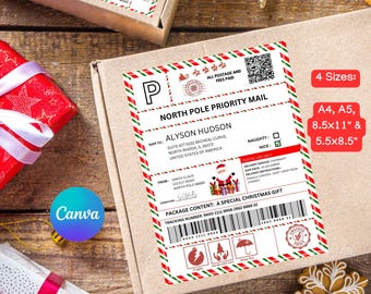 editable Santa Mail shipping label for kids, christmas Santa shipping sticker, elf mail delivery North Pole mail, Canva template 8.5x11" A4