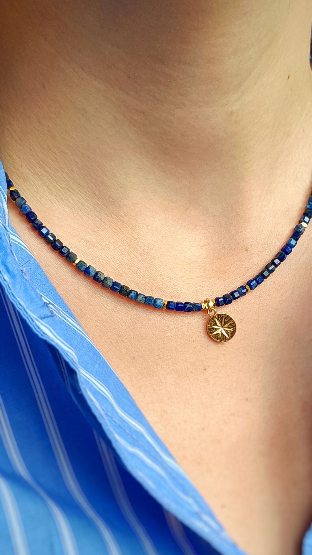 Blue Lapis Collar-Length Necklace with Copper Cross 255v