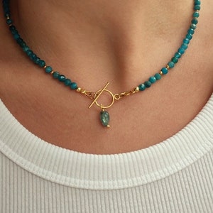 Boho Apatite Necklace with Raw Gemstone Pendant | Gold Plated Toggle Clasp | Gift for Her | Boho Birthday Jewelry