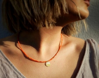 Coral necklace for woman, orange bead necklace, round gold pendant, Handmade gemstone jewellery xmas gift, boho jewelry, orange jewelry