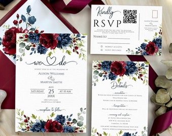 Burgundy Navy Wedding Invitation Suite: Floral DIY Template (Digital Download)