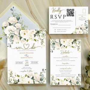 We Do bruiloft uitnodigingssjabloon, groen en witte bloemen bruiloft uitnodigingsset, RSVP met QR-code, programma, details kaart uitnodiging.