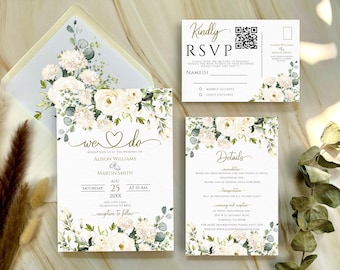 Greenery Wedding Invitation Set: Floral RSVP, Program, Details (Template)