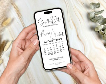 May include: A white smartphone screen displays a save the date announcement for a wedding. The announcement features a calendar with the date circled in black, the names "Alison / Michael", and the text "Save the Date for the Wedding of". The location and date are also included: "The Little Cottage, Smyrna GA, August 20XX".