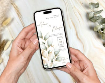 Greenery Wedding Invitation: Sage Green & Gold Evite (Smartphone Editable)