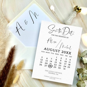 May include: Save the Date card with a calendar design for a wedding in August. The card features the names "Alison" and "Michael" and the text "The Little Cottage, Smyrna, GA".
