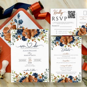 Terrakotta & Marine Blumen Hochzeitseinladungs Vorlage Set - Elegante Einladung Vorlage Bundle, Floral Gebrannte Orange und Marine Blau, DIY Invite
