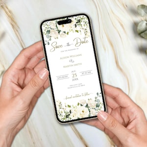 Réservez cette date avec verdure, modèle « Réservez cette date » pour smartphone, invitation réservez cette date pour un mariage dans la verdure, invitation par SMS, sans papier numérique.
