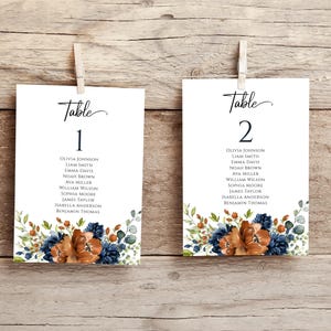 Pode incluir: Dois cartões brancos com desenhos florais e o texto "Mesa 1" e "Mesa 2" com uma lista de nomes abaixo de cada número de mesa.