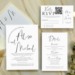 Conjunto de invitación de boda minimalista con código QR, paquete de plantilla de invitación mínima, suite de invitación moderna, elegante confirmación de asistencia en línea y tarjeta de detalles.