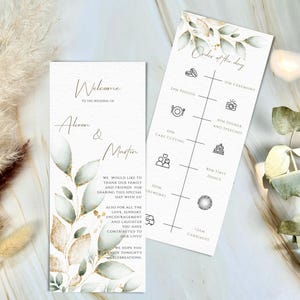 Greenery Hochzeitsprogrammvorlage, Sage Green und Gold Order of Service, bearbeitbares und druckbares Zeremonieprogramm, DIY Programmkarte.