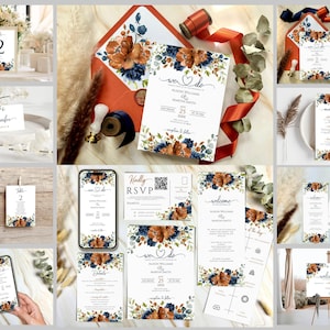 Lot de faire-part de mariage, grand lot de modèles de mariage, ensemble de modèles modifiables et imprimables bleu marine et terre cuite, tout ce dont vous avez besoin pour un mariage.