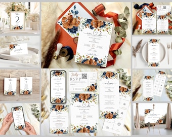 Navy Terracotta Wedding Invitation Bundle: Editable Template Set