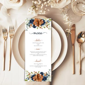 Plantilla de menú de boda, menú de boda con flores en terracota y azul marino, menú editable e imprimible, tarjeta de menú de mesa de boda, menú alto naranja