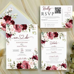 結婚式招待状テンプレート スイート、赤、バーガンディ、白、編集可能で印刷可能な結婚式招待状セット、即時ダウンロード、DIY 招待状バンドル。