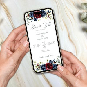 Modello Save the Date per telefono, modello Save the Date per smartphone, modello Save the Date per matrimonio bordeaux e blu navy, invito tramite messaggio di testo, senza carta.