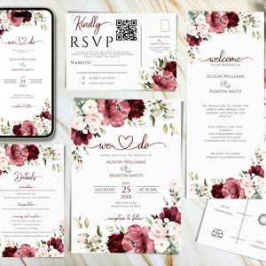 Burgunder-Hochzeits-Einladungs-Set, großes Hochzeits-Bundle, burgunder-bearbeitbares & druckbares Hochzeitsvorlagen-Set, rot-inspirierte Farbpalette.