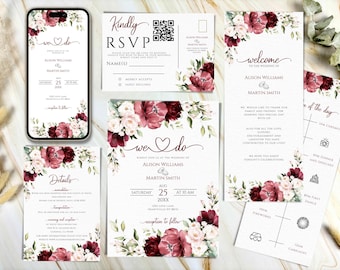 Burgundy Floral Wedding Invitation Bundle: Printable Template Set