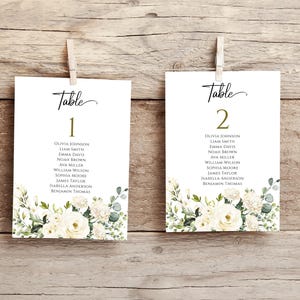 May include: Two white cards with floral designs and gold calligraphy. The cards are labeled "Table 1" and "Table 2" and list names for each table.