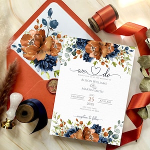 Modèle d'invitation de mariage - Modèle d'invitation florale terre cuite et bleu marine pour téléphone et impression, modifiable et imprimable, orange brûlé et bleu marine