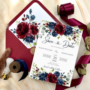 Save the date wedding template, Burgundy & Navy blue wedding Save the Date for Print and SmartPhone, Editable and Printable Invitation.