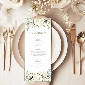 Plantilla de menú de boda, menú de boda con vegetación y flores blancas, menú editable e imprimible, tarjeta de menú de mesa de boda, menú alto, menú de bricolaje.