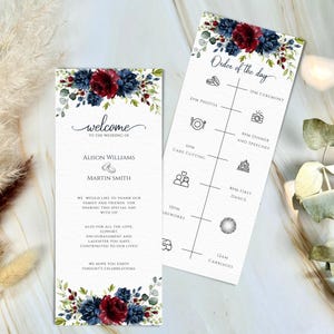 結婚式プログラム テンプレート、バーガンディとネイビー ブルーの花、結婚式の式次第、編集および印刷可能な式典プログラム、DIY プログラム カード。
